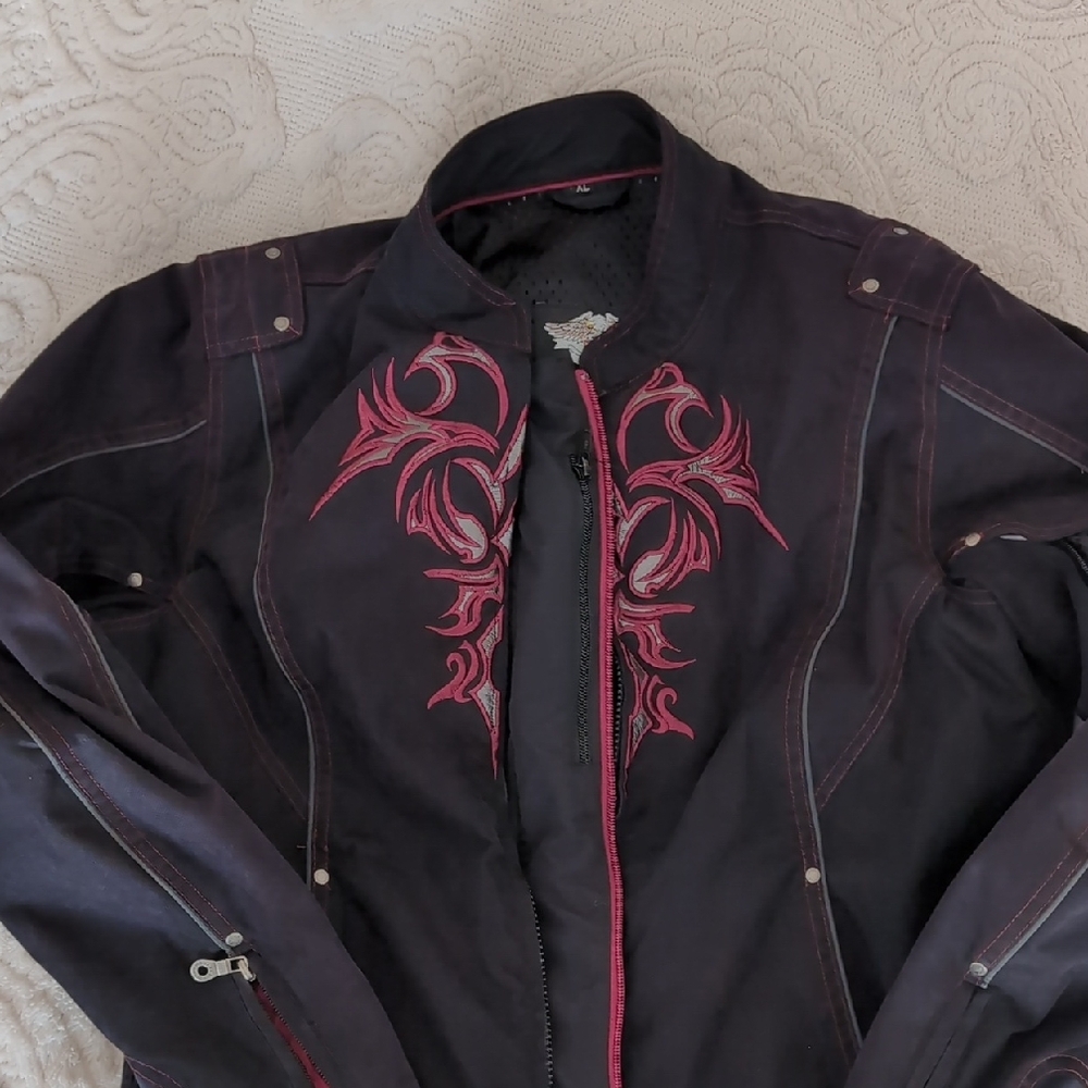 Harley-Davidson Black and Pink Bomber Jacket with Symmetrical Embroidery